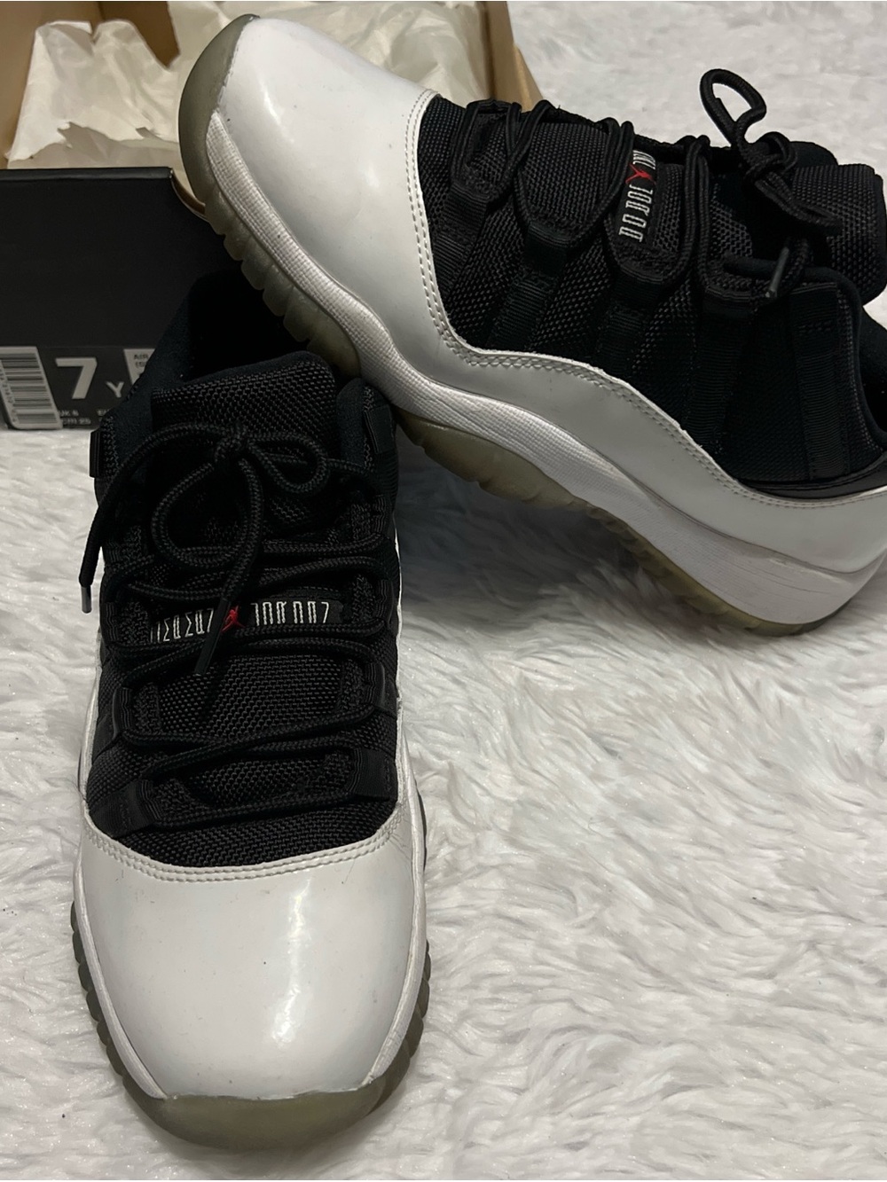 Jordan 11s Kids Sneakers Black White with Red Accent